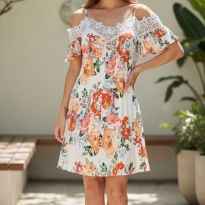 AUW Floral Mini Dress Lace Colorful Skinny Adjustable Straps Ptp 20" L 36"